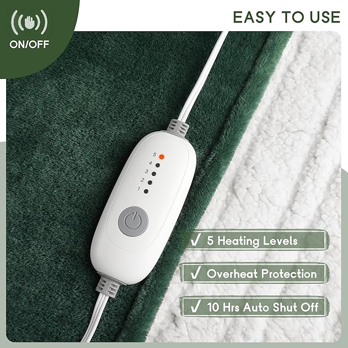 Heated Blanket Electric Blanket Full Size 72''x84'' with 5 Heating Levels, 10 Hour Auto Shut Off, Machine Washable, Flannel & Sherpa Soft Warming Blanket for Couch, Bed, Office - Grass Green