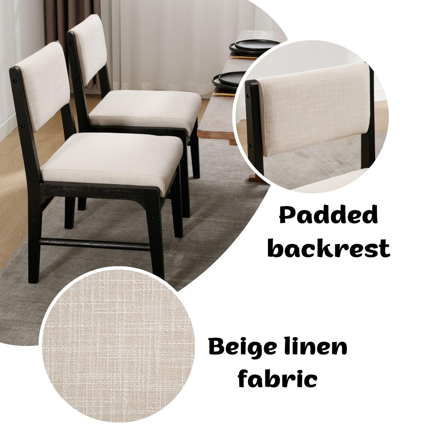 BESTANO Beige Linen Upholstered Dining Chairs Set of 2 Farmhouse Black Wooden Kitchen Dining Chairs Armless Side Chairs with Back