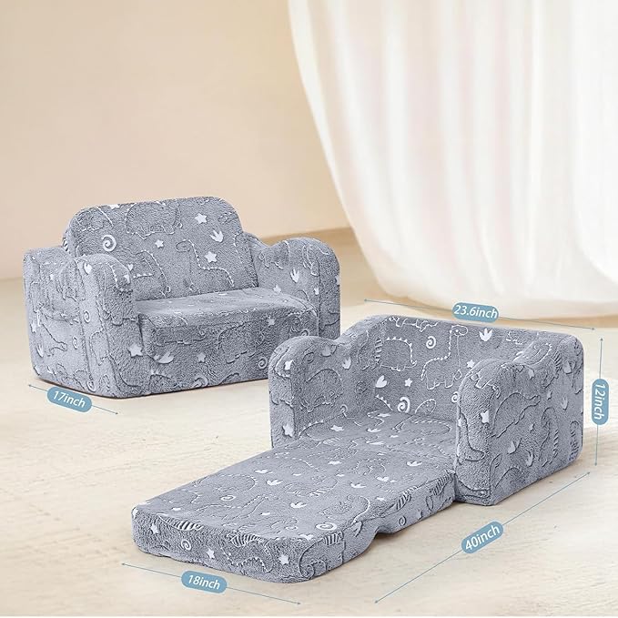 MeMoreCool Kids Dinosaur Couch – Foldable Toddler Chair, Glow-in-The-Dark Flip-Out Sofa, Convertible Lounge Seat for Boys Ages 1–3, Plush Fold-Out Kids Lounger with Washable Cover (Gray)