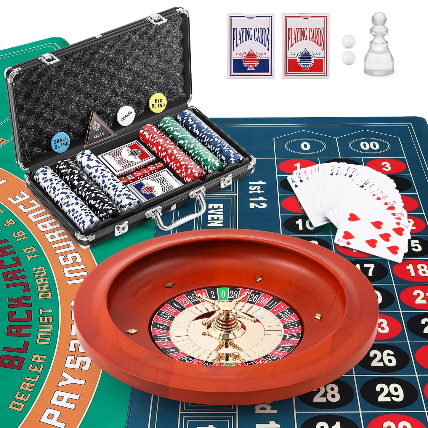 Proshine Super 11” Roulette Wheel set & Blackjack Set with 300pcs Poker Chips + 47.2*23.6” Double-sided Roulette Tabletop + 2 Decks of Playing Cards + 6 Dice + 4 Casino Buttons + Roulette Win Marker