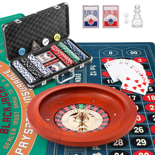 Proshine Super 11” Roulette Wheel set & Blackjack Set with 300pcs Poker Chips + 47.2*23.6” Double-sided Roulette Tabletop + 2 Decks of Playing Cards + 6 Dice + 4 Casino Buttons + Roulette Win Marker