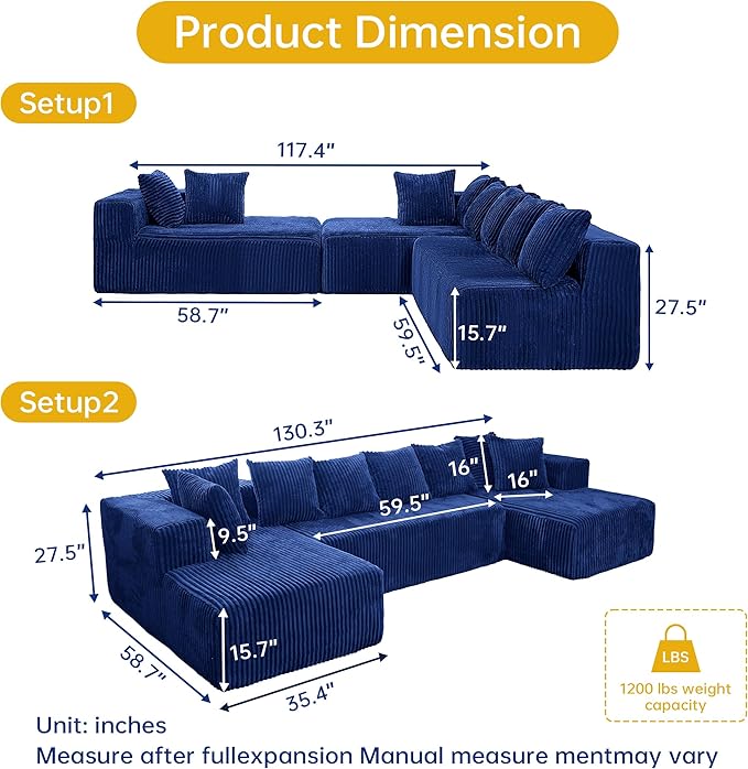 SEENYOO 130" Boneless Couch, Cloud Couch Sectional, Corduroy Sofa for Living Room, U Shaped Modular Sofa with Chaise, No Assembly, 4 Seats Oversized (Blue)