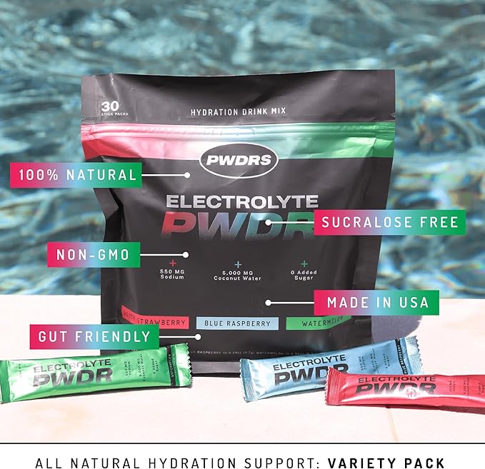 PWDRS Electrolytes | All Natural Electrolyte Packets | Zero Added Sugar | 5,000mg Coconut Water for Fast Hydration | Non-GMO, No Sucralose | 30 Sticks