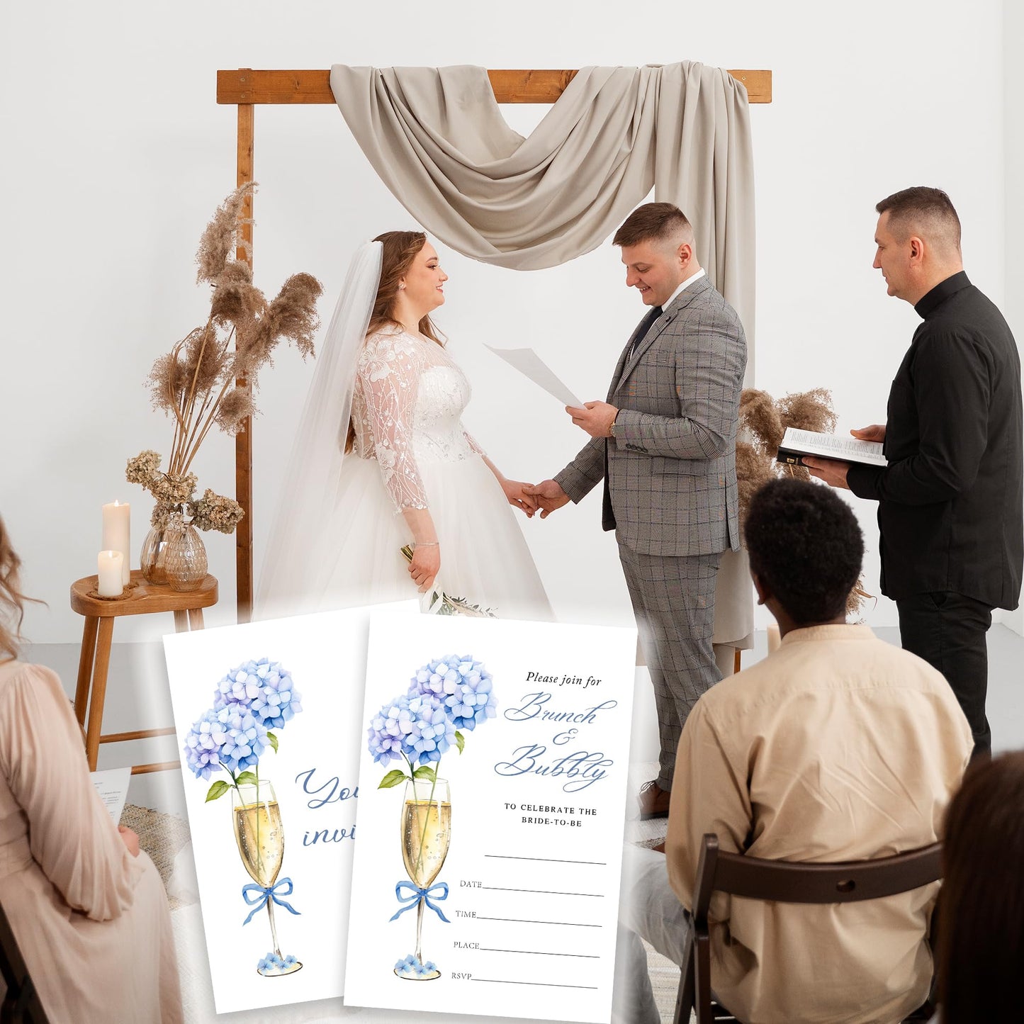 Blue Hydrangea Bridal Shower Invitations -Brunch & Bubbly - 25 Champagne Bridal Shower Invites With Envelopes For Newlyweds, Bride-To-Be, Wedding Reception, Engagement Party Favors & Decorations- 07