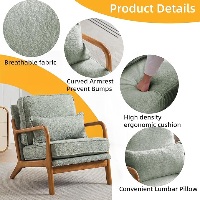 Mid-Century Accent Chair Set of 2, Sherpa Fabric Lounge Chair with Wide Armrest,13-16.5'' Low Seat Height Armchair with Lumbar Pillow & Solid Wood Frame for Living Room, Bedroom, Balcony(Mint Green)