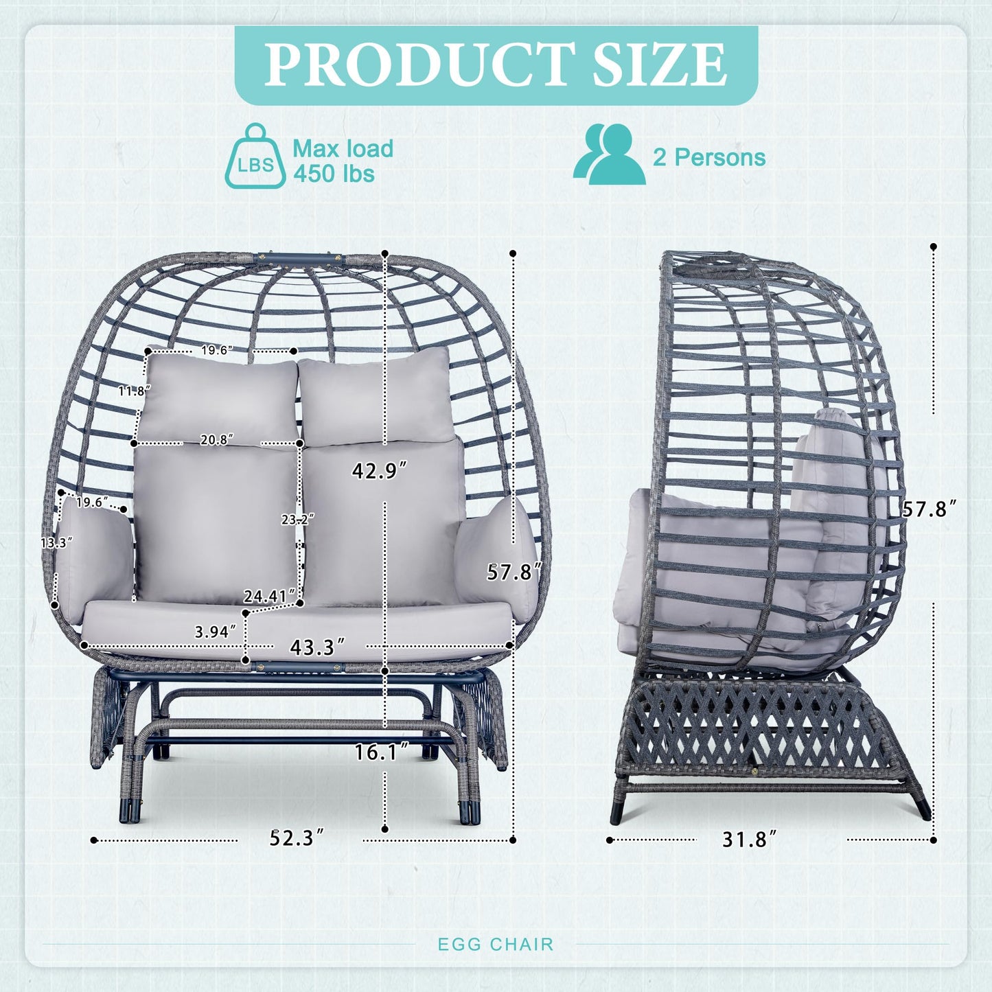 Outdoor Double Egg Chair Patio Chairs - 500lbs Capacity for 2 Person, Oversized Wicker Rocking Glider Chair with Steel Stand, Hand-Woven Lounge Chair Nest Loveseat for Indoor, Porch, Backyard, Balcony