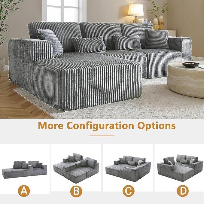 Vanress 110" Cloud Couch Sectional, Corduroy Boneless Couch with L-Shape Chaise,Modern Modular Sectional Sofa Comfy Deep Seat for Living Room, Bedroom, No Assembly (Dark Grey, Right Facing Chaise)