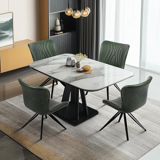 VATROS Dining Chairs Set of 2, 360° Swivel Armless Faux Leather Accent Chairs with Padded Back and Metal Legs, Mid-Century Modern Kitchen, Dining Room, Living Room, Bedroom Green