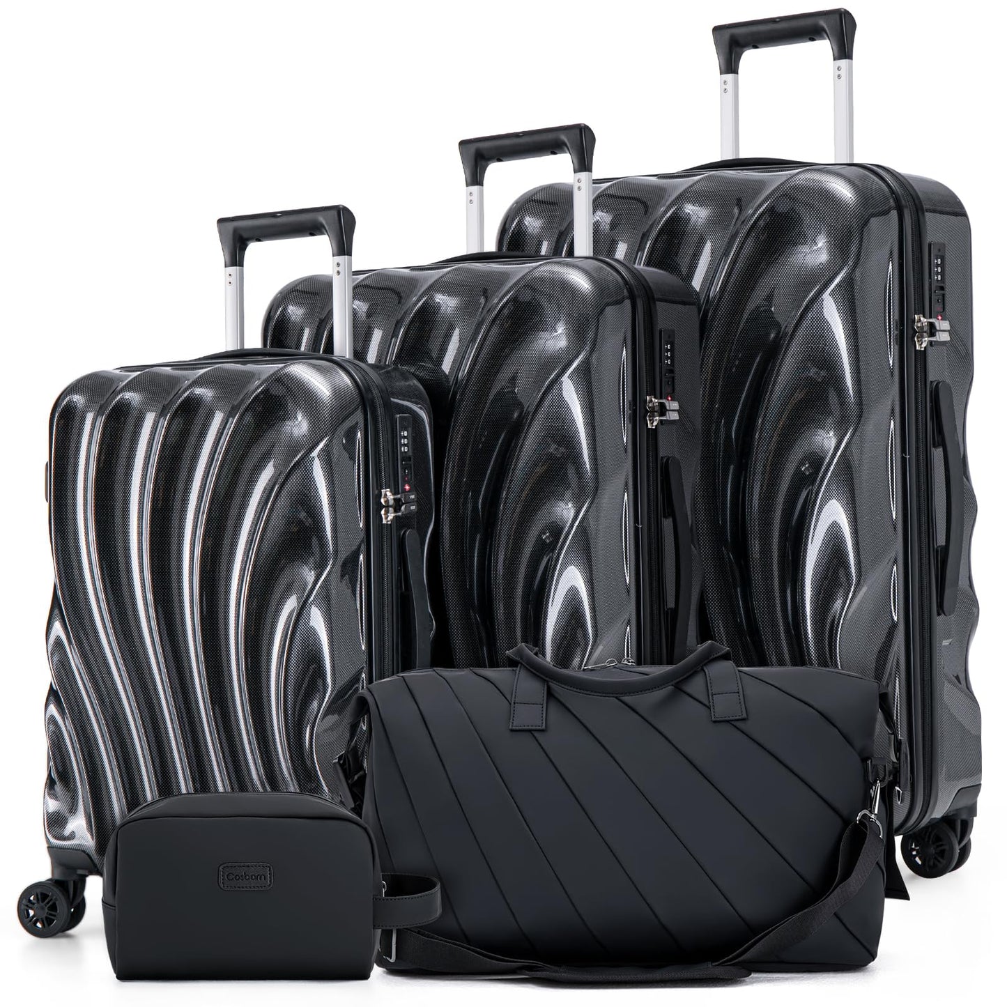 Cosbarn Luggage Sets 5 Piece Suitcases with Wheels, Suitcase Set, ABS+PC Hardshell Luggage set with Phone Holder Durable Travel Luggage with TSA Lock Spinner Wheels Black
