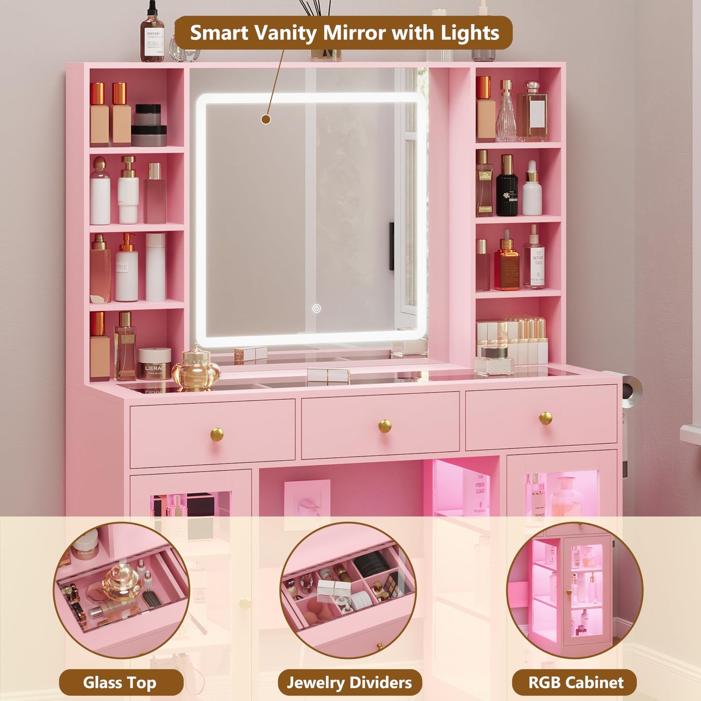 Pink Vanity Desk with Mirror and Lights, 43.4" Makeup Vanity Table Set with Lighted Mirror & RGB Glass Cabinet, 3 Drawers, Glass Top Dressing Table with Large Shelves for Girls, 3 Color Modes