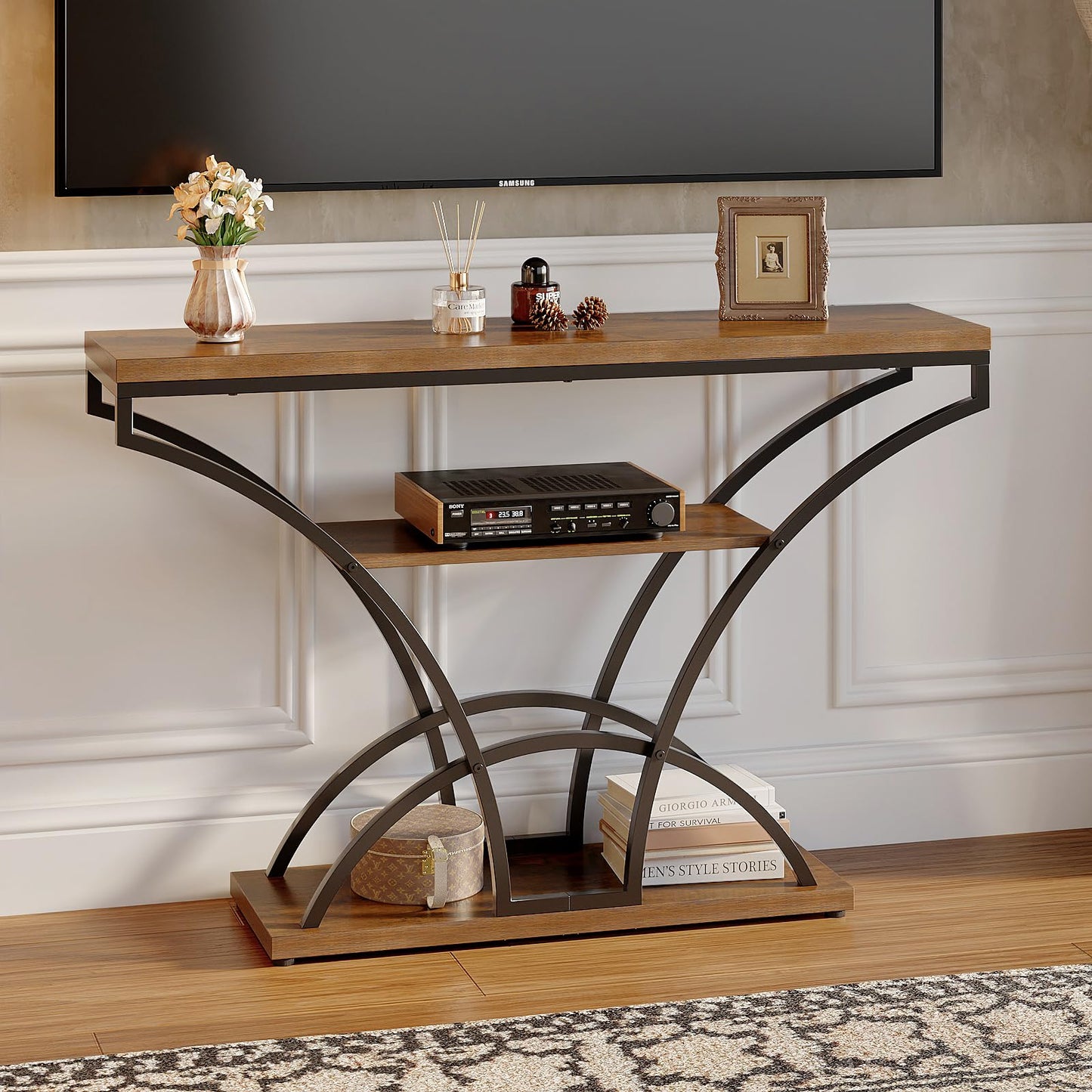 Espelism 47.2" Console Table for Entryway, 3-Tier Narrow Sofa Table with Curved Frame, Industrial Rustic Wood Accent Table with Storage Shelves for Hallway, Living Room, Foyer (Brown, 47.2")