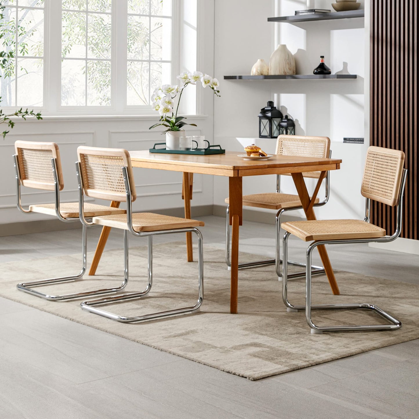 Flouki Rattan Dining Chairs Set of 4, Boho Accent Chairs for Kitchen Room with Natural Cane Mesh, Mid Century Cantilever Design, Undyed Solid Wood