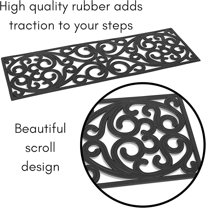 BIRDROCK HOME 10" x 30" Rubber Stair Mat with Scroll Design | Tread Mat | Keeps Your Floors Clean | Outdoor Doormat | Decorative Design (2 Pack)