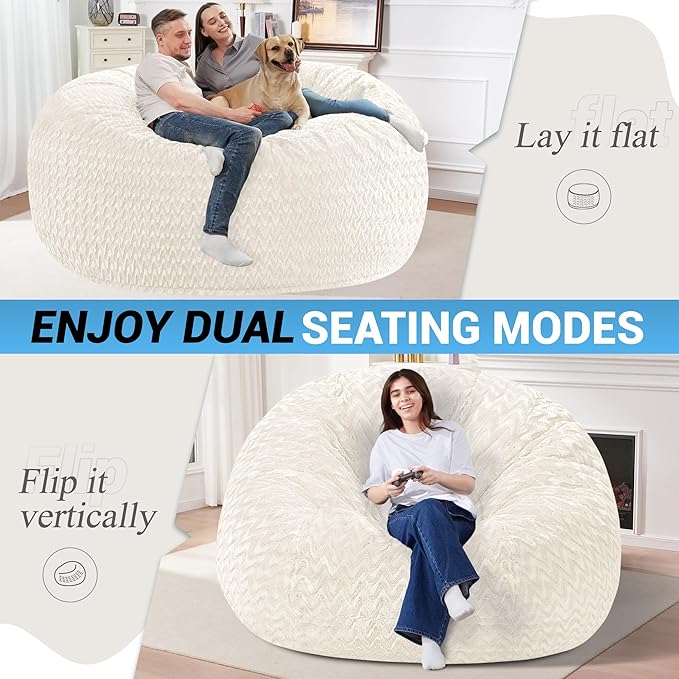 HABUTWAY 6FT Bean Bag Chair,Giant Bean Bag Chairs for Adults,Big Bean Bags with Memory Foam Filled, Large Beanbag Chairs with Chevron Plush Cover-White