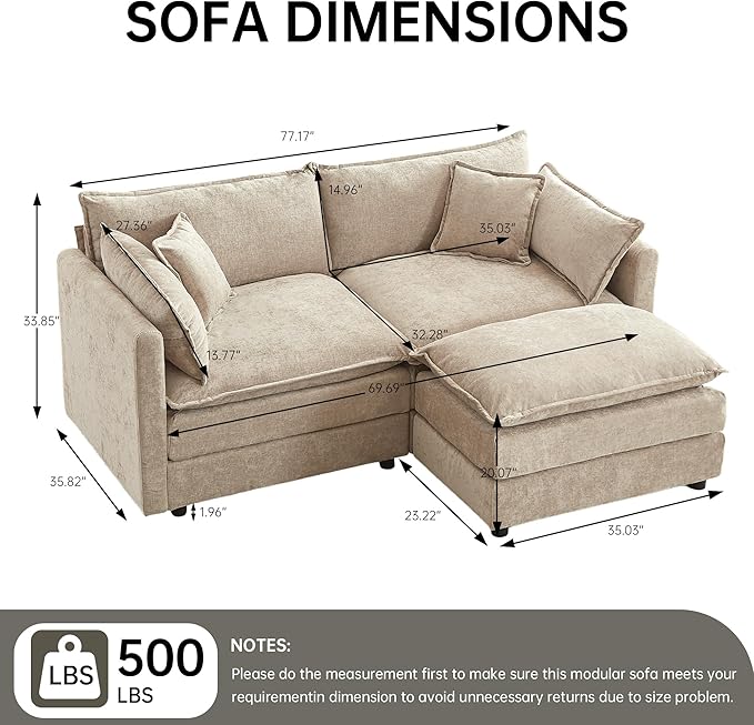 saows Modular Sectional Sofa, 77 Inch L Shaped Couch Set with Armrests, 2-Seater Comfy Cloud Couches for Living Room Apartment, Coffee