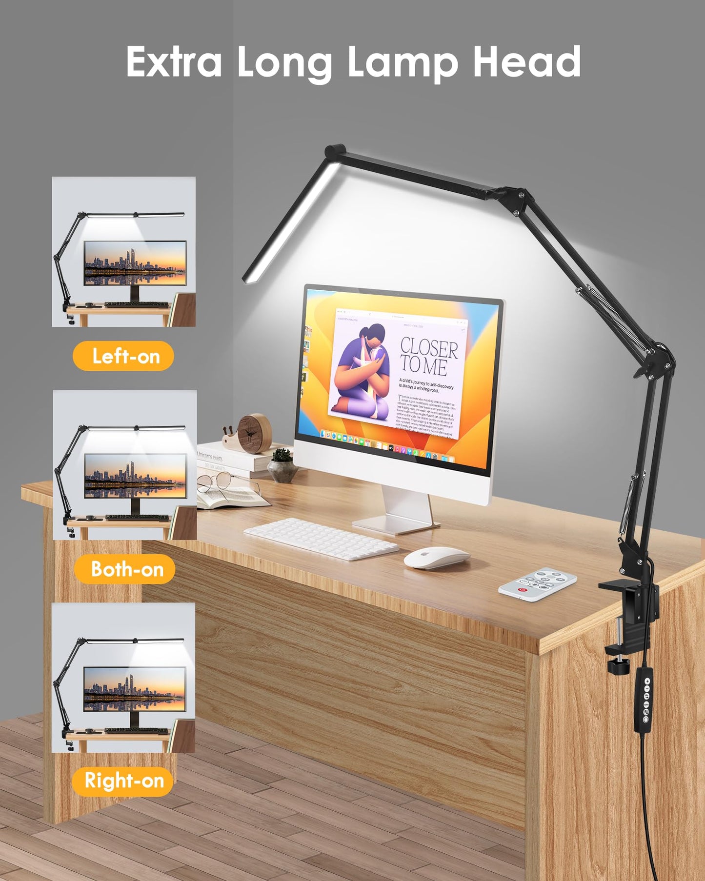 LED Desk Lamp with Clamp, Double Head with Remote Control, 55" Adjustable Swing Arm Architect Desk Lamp, Memory Function for Home Office, Workbench, Reading, Craft, Drafting
