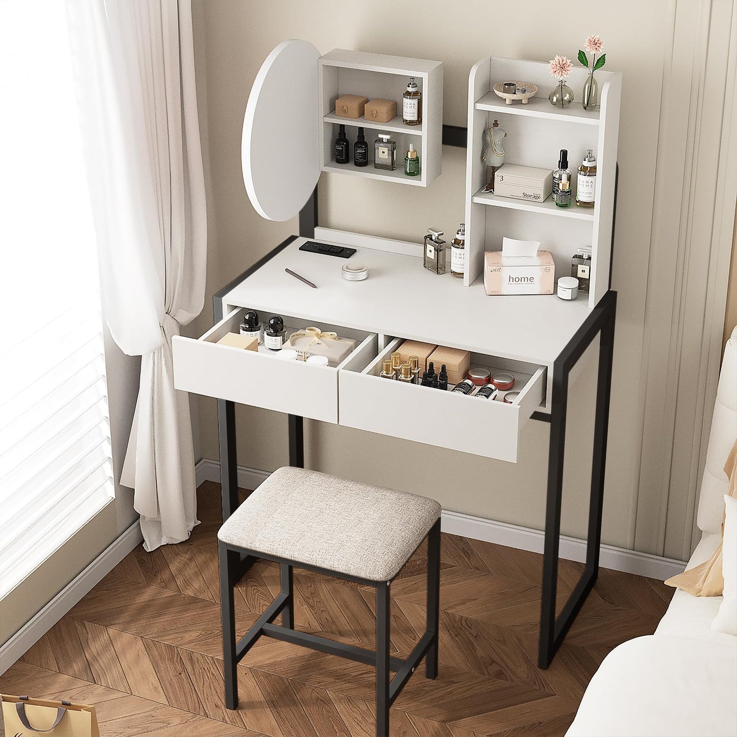 KEIKI Makeup Vanity Desk with Smart LED Mirror & Charging Station, 31.5" Vanity Table Set with 4 Drawers, Storage Shelves & Cushioned Stool, Modern Studio Bedroom Dressing Table, White and Black