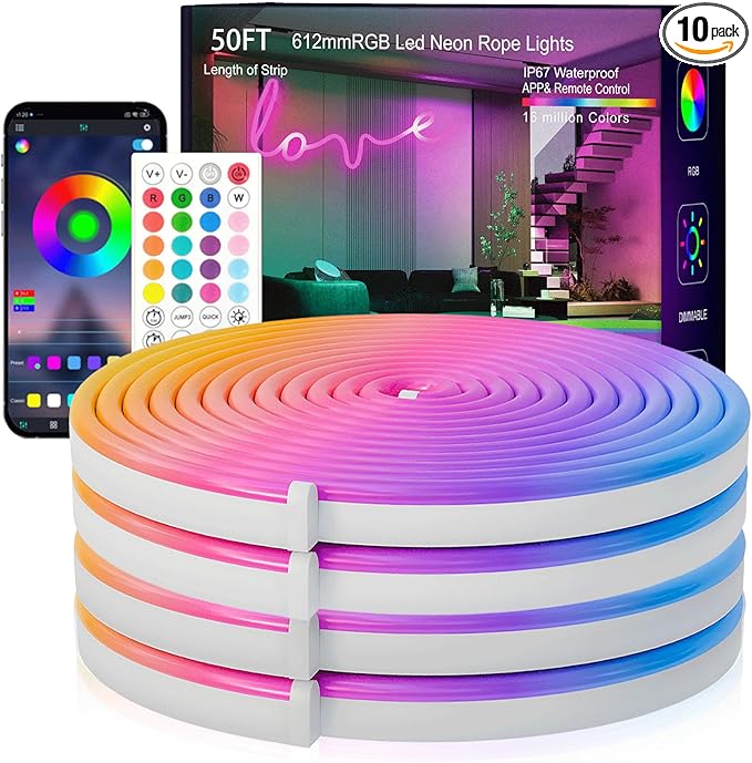 SILFU Neon Rope Lights, 50FT RGB Led Strip, Waterproof IP67, DIY Design, Music Sync, 44 Keys Remote Control, Multiple Mode...