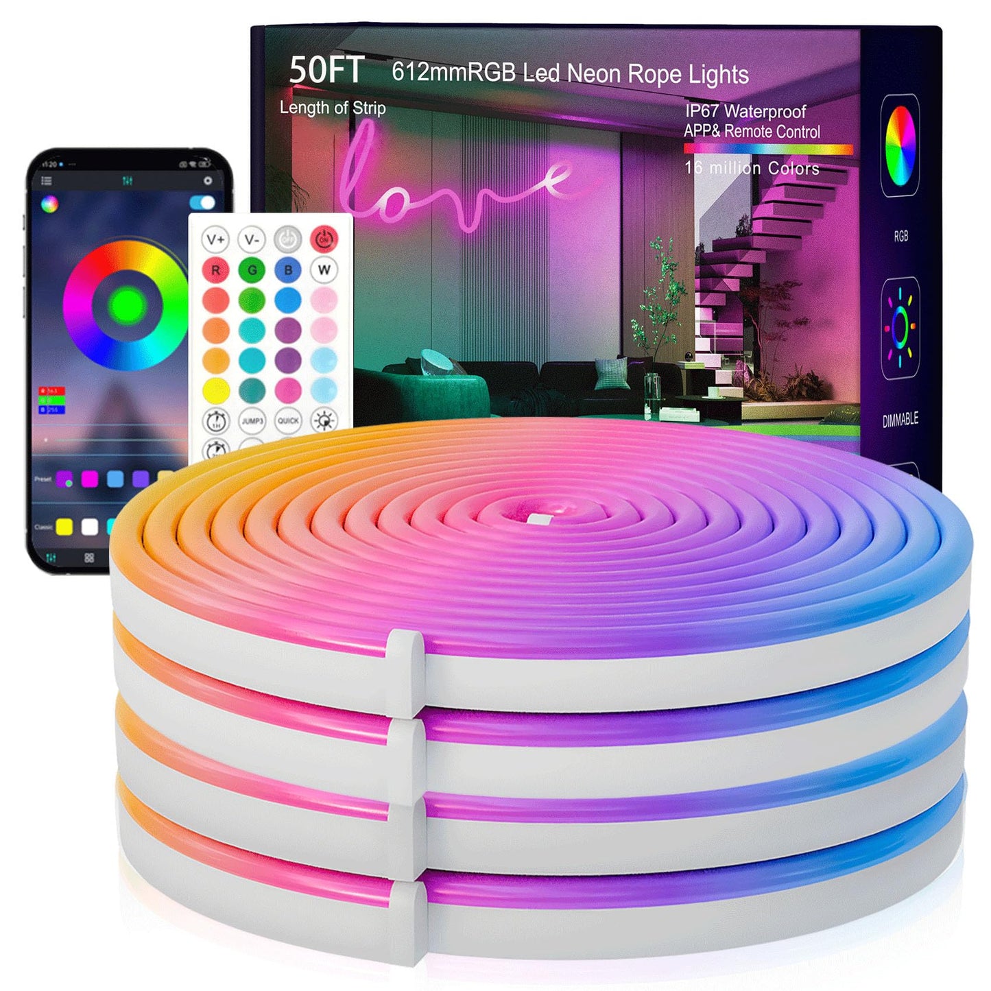 SILFU Neon Rope Lights, 50FT RGB Led Strip, Waterproof IP67, DIY Design, Music Sync, 44 Keys Remote Control, Multiple Modes, for Living Room, Bedroom, Holiday Decoration