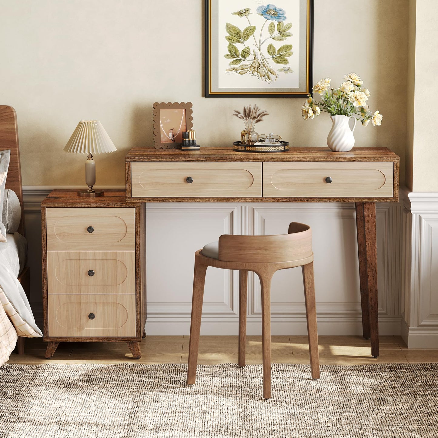 LITTLE TREE 39-Inch Writing Desk with 5 Drawers & Retractable Cabinet, Small Expantable Computer Desk, Vanity Table with Storage, Interchangeable Left and Right, for Small Spaces, Brown