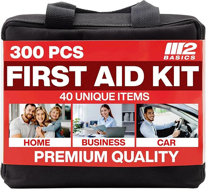 M2 BASICS Premium First Aid Kit, 300 Pieces, 40 Unique Items, All Purpose Kit for Home, Car, Business, Travel & Vehicle