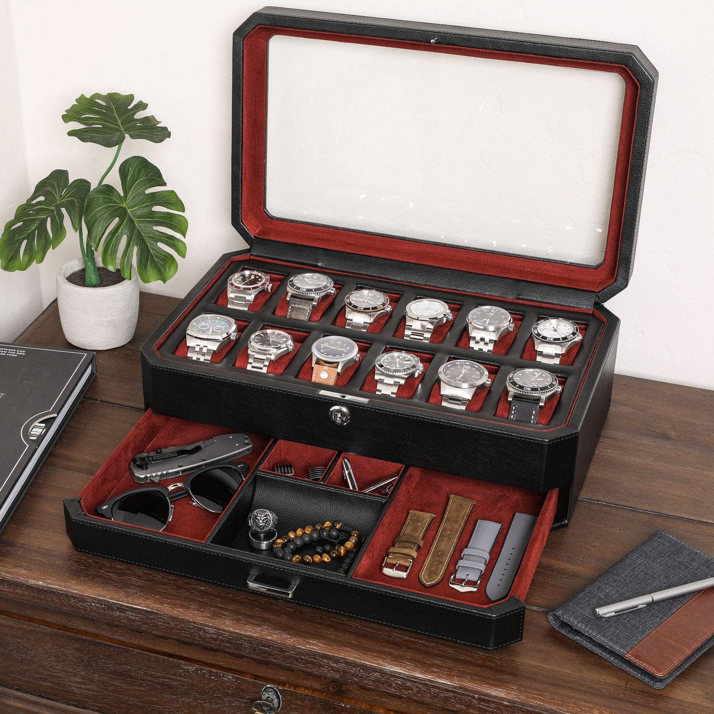 ROTHWELL 12 Slot Leather Watch Box with Valet Drawer - 12 Slot Luxury Watch Case Display Organizer, Microsuede Liner, Mens Accessories Holder, Jewelry Case, Jewelry Display Organizer - Black/Red
