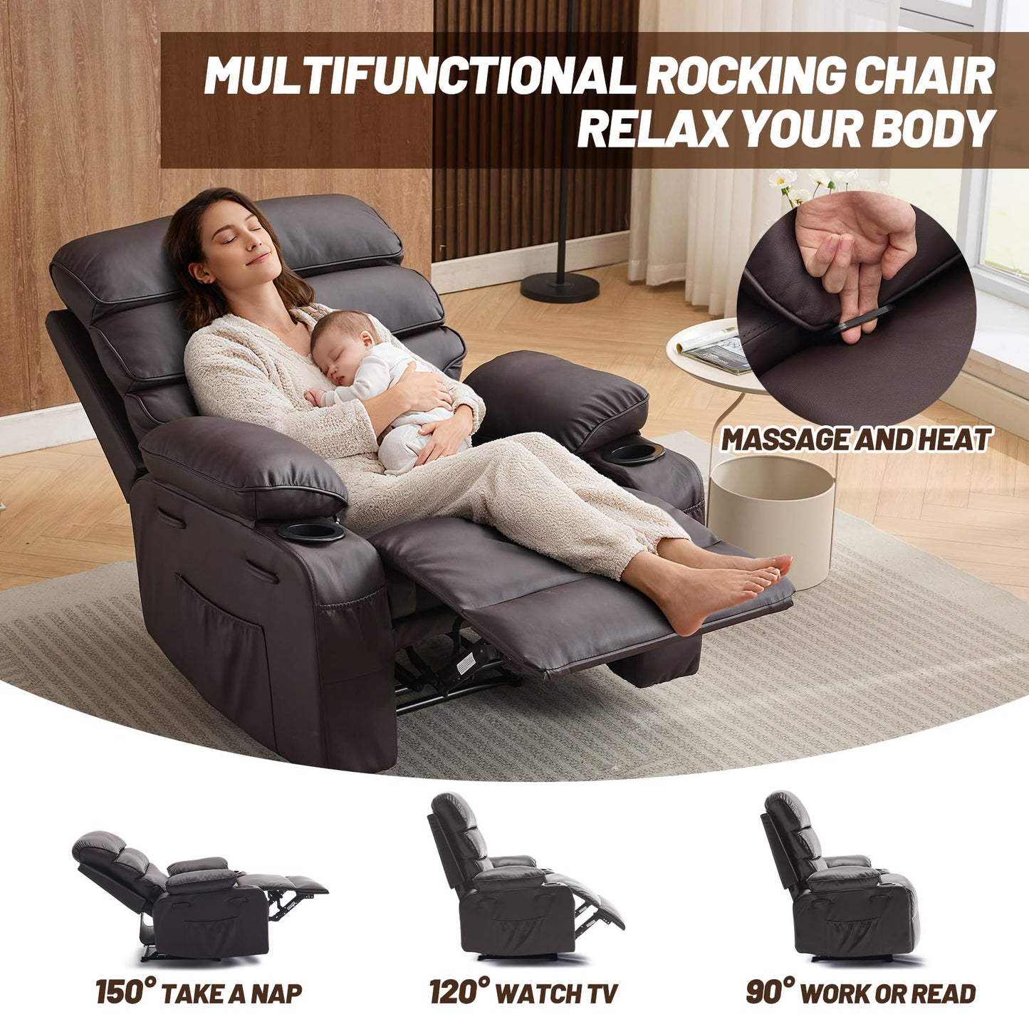 PU Leather Extra Wide Manual Recliner for Adults with Massage and Heat, Large Lazy Chair with 1.5X Sponge Comfort Arm and Back for Living Room, Bedroom