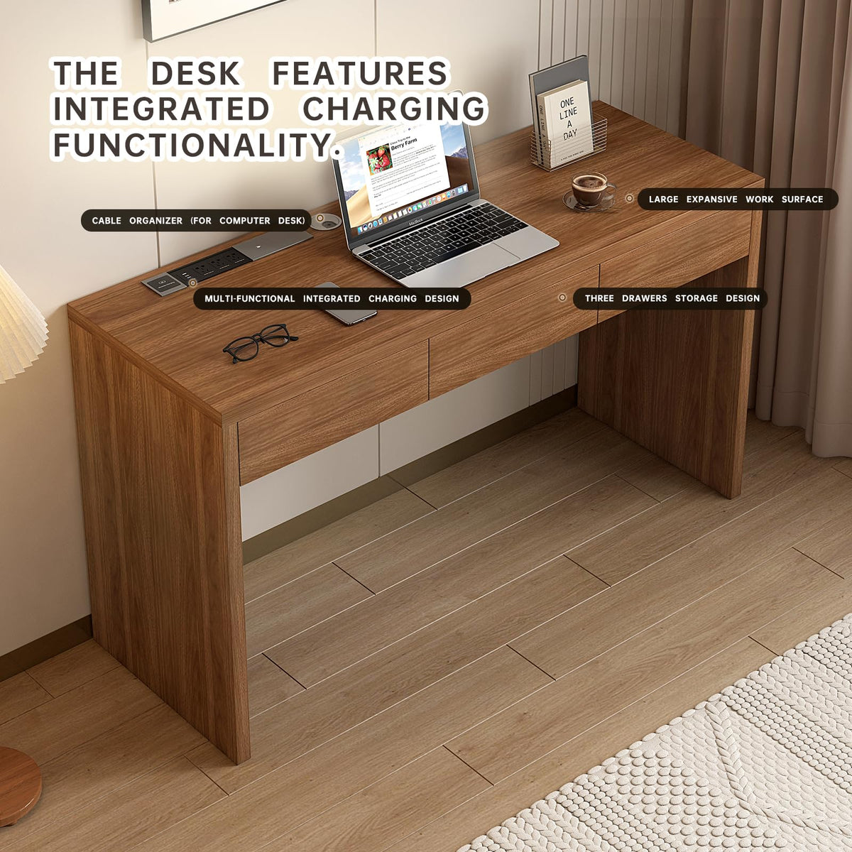 Messenya 55-Inch Office Desk with Pull-Out Outlet, Computer Desk with 3 Sturdy Drawers, Writing/Gaming/Work/Study Desk for Bedroom, Living Room & Home Office, Brow (Brown, 55)