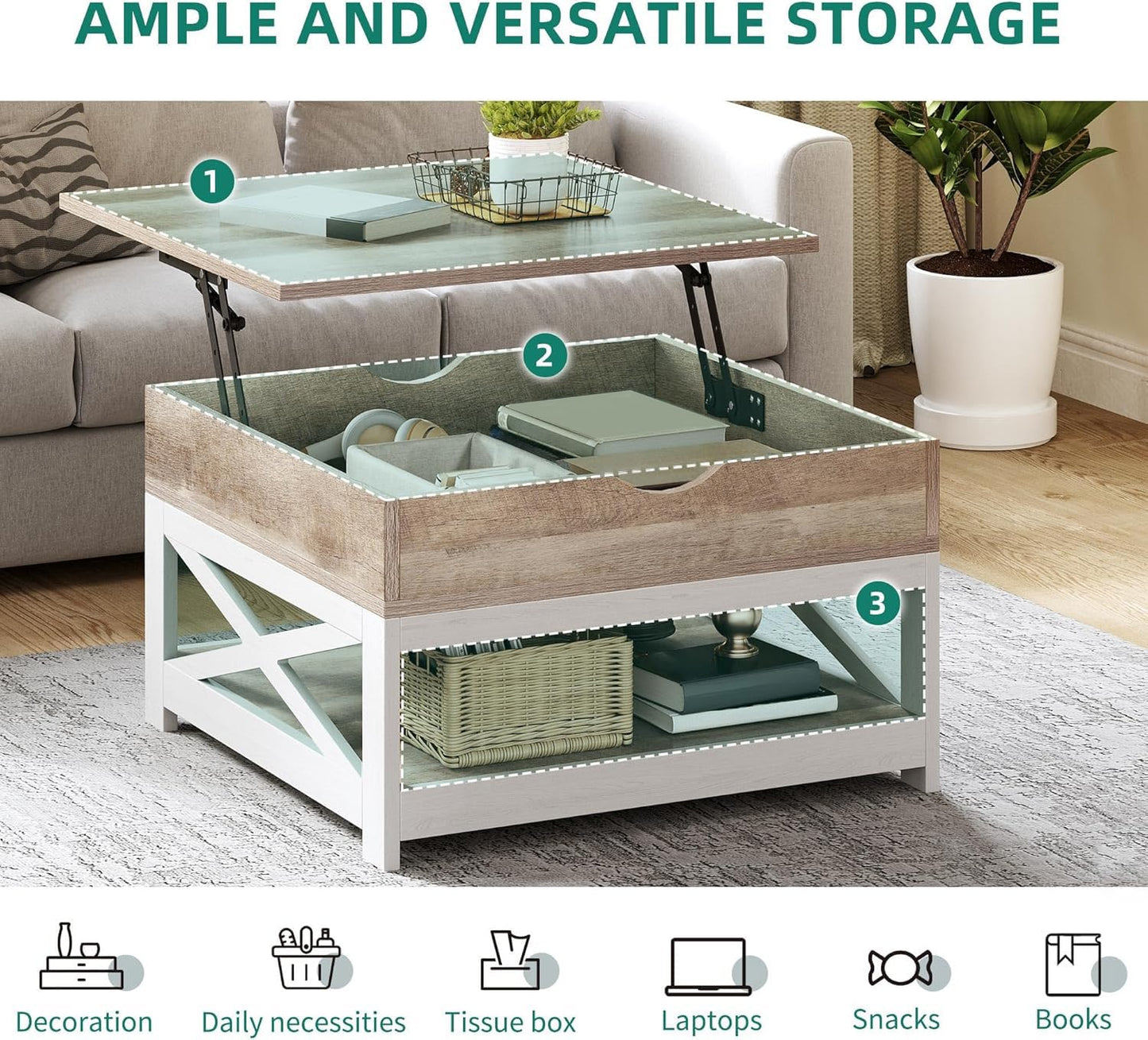 YITAHOME Coffee Tables with Living Room, Lift Top Coffee Table with Storage, Farmhouse Coffee Table, Square Wood Center Table Cocktail Table, Grey Wash