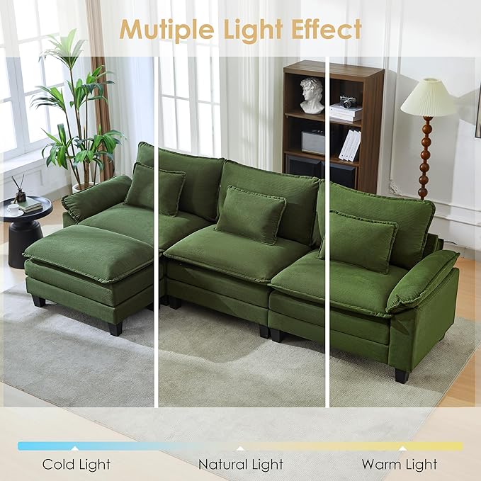 URRED Cloud Couch Modular Sectional Sofa, 122'' Modern L Shaped Deep Seat Sofa with Ottoman & Pillows, Ultra Comfy Corduroy Couches for Living Room, Bedroom or Apartment, Green