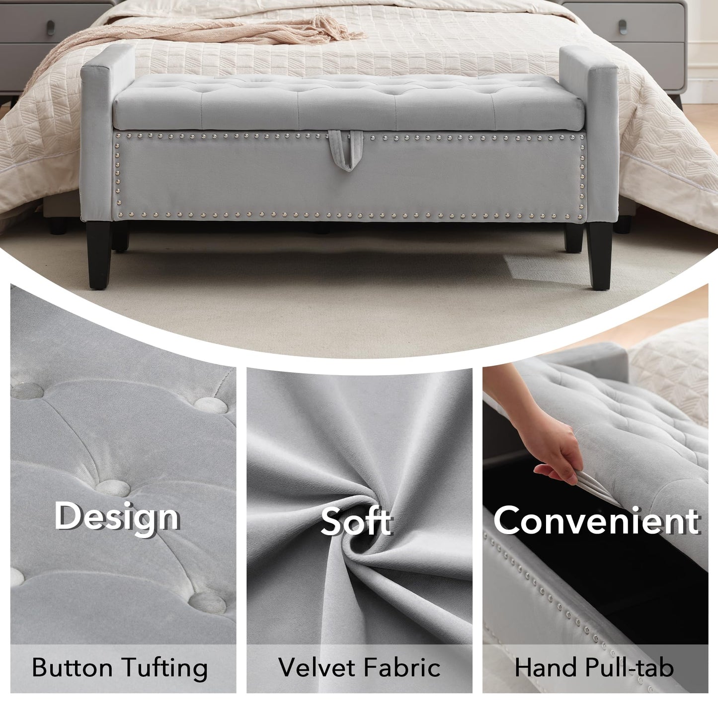 Creek Vista Velvet Storage Ottoman Bench, 45'' Upholstered Button Tufted End of Bed Bench, Modern Entryway Ottoman with Arms, Grey
