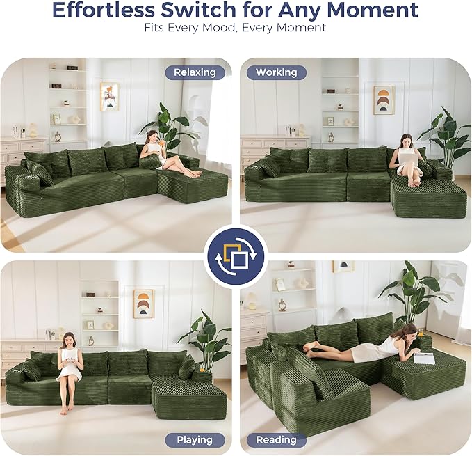 MAXYOYO 132" Oversize Modular Sectional Couch with L-Shape Chaise, Modern Boneless Couch for Living Room, Sofa in A Box, Oversized Sofa Sleeper with Deep Seat, No Assembly Required, Green