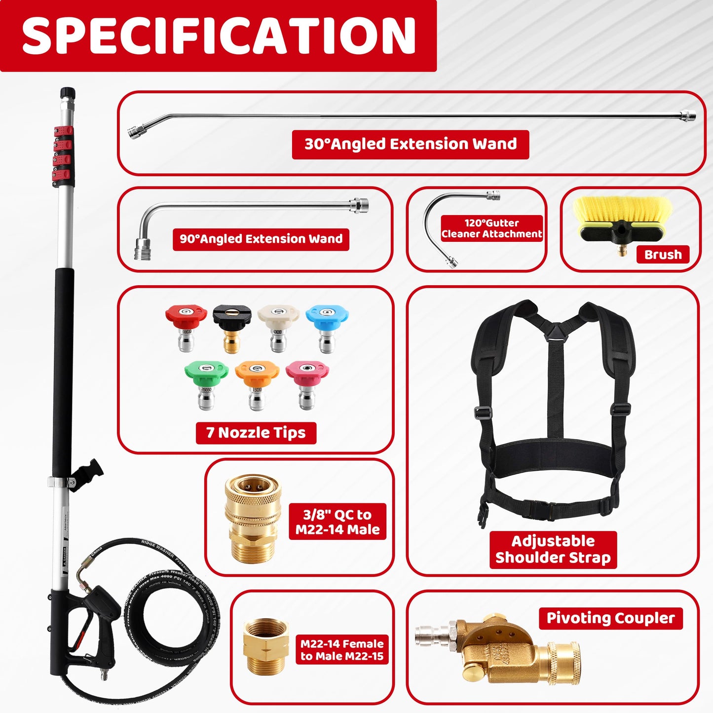 RIDGE WASHER 24 FT Telescoping Pressure Washer Wand, Power Washer Extension Wand with Brush, Telescopic Gutter Cleaner with 3 Stainless Steel Curve Wands, Adjustable Support Belt, 7 Nozzles, 4000 PSI