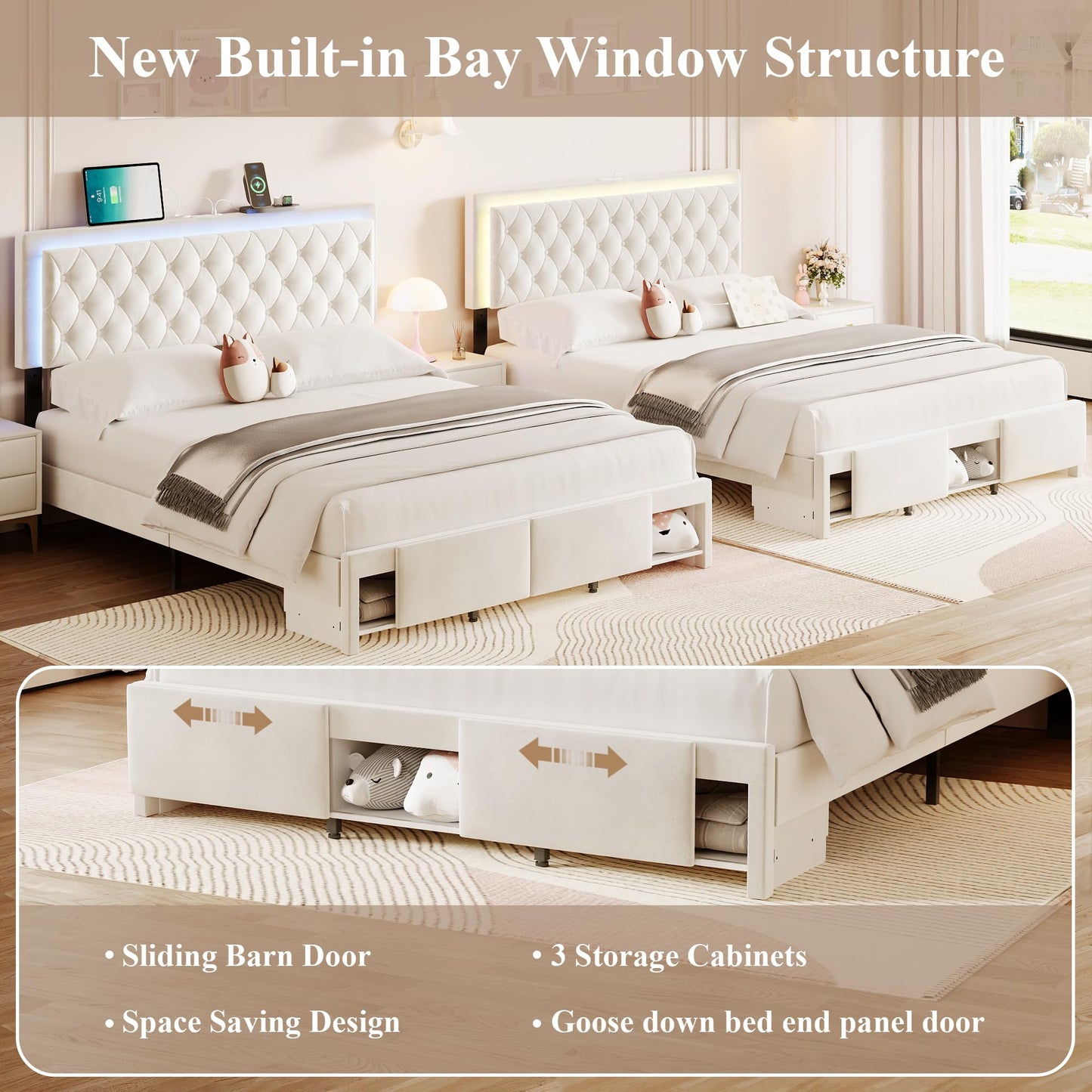 MARMONS Queen Size Bed Frame, LED Queen Bed Frame with Headboard and Storage Cabinets, Upholstered Velvet Bed Frame Queen with Charging Station, Wooden Slats Support, No Box Spring Needed, White