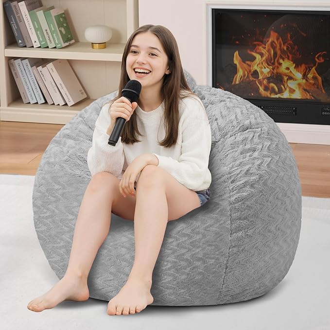 2FT Bean Bag Chair,Giant Bean Bag Chairs for Adults,Big Bean Bags with Memory Foam Filled, Large Beanbag Chairs with Chevron Plush Cover-Light Grey