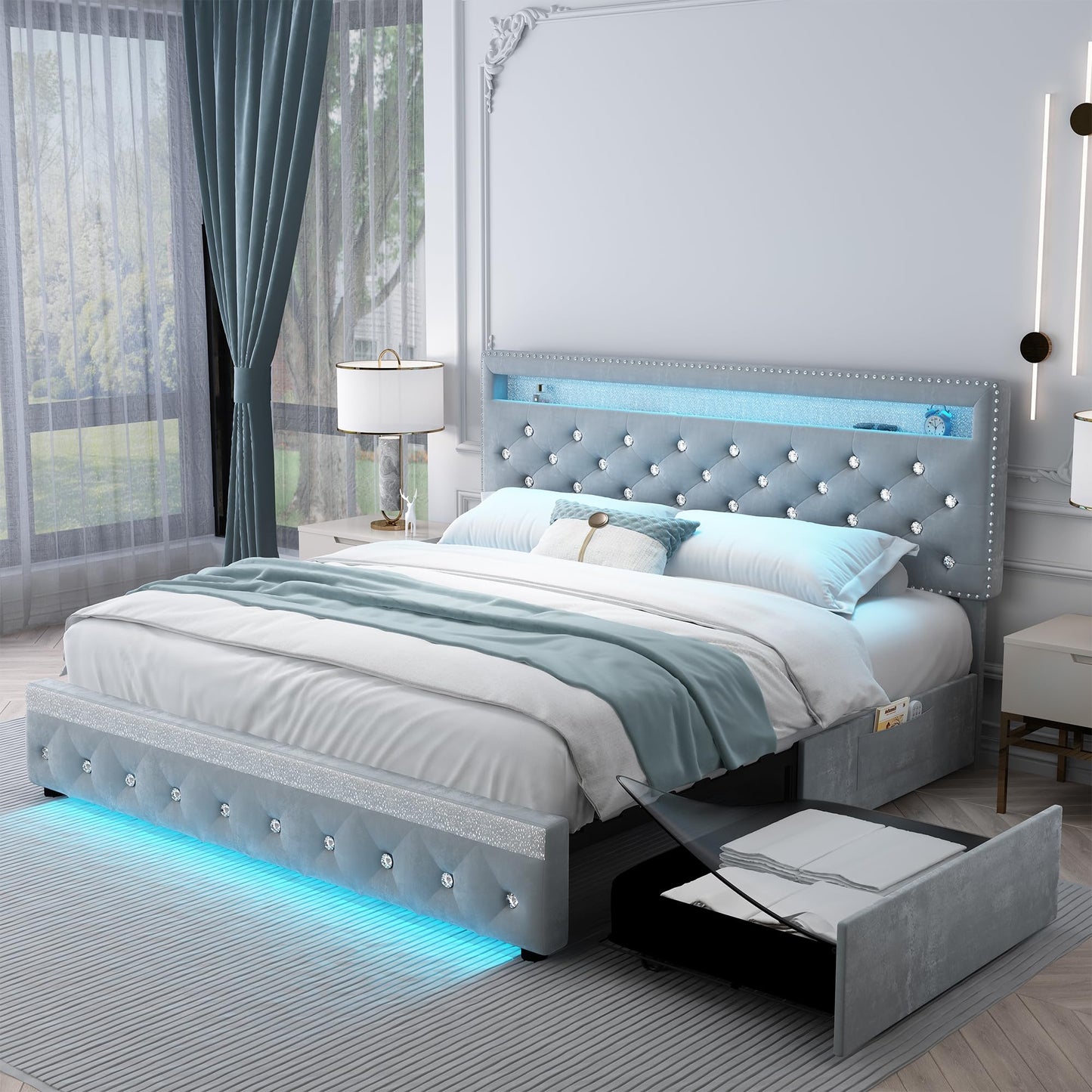 Queen Led Bed Frame with 2 Drawers, Modern Sturdy Adjustable Upholstered Crystal Button Tufted Headboard Platform Bedframe with Storage, No Box Spring Needed, Noise-Free, Easy Assembly, Velvet Grey