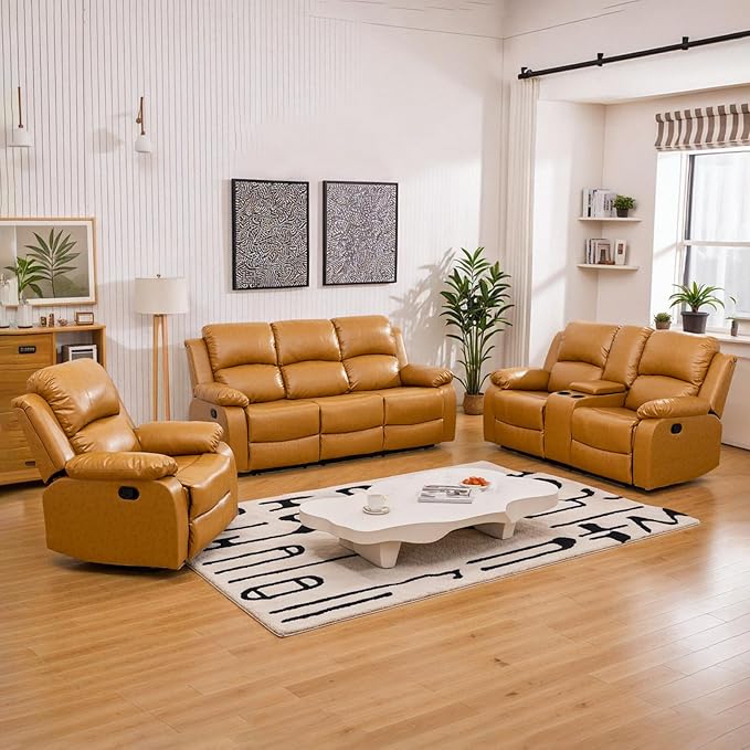 JBXBER Manual Recliner Sofa Set for Living Room, Leather Reclining Sofa Sets, Faux Leather Couch Set with Cup Holders, Drop-Down Table and Storage Console(3 Piece Set,Ginger)