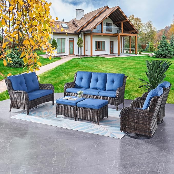 Rilyson Wicker Patio Furniture Set - 6 PC Rattan Outdoor Sectional Conversation Sets with 2 Rocking Swivel Chairs,2 Ottomans,1 Sofa and 1 Loveseat for Porch Deck Garden(Brown/Blue)