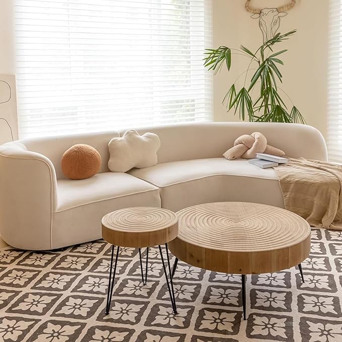 COZAYH 2-Piece Round Nesting Coffee Table Set, Natural Wood Top with Black Metal Legs, Ring Pattern – Rustic Farmhouse Accent for Living Room or Bedroom – Space-Saving Modern Furniture