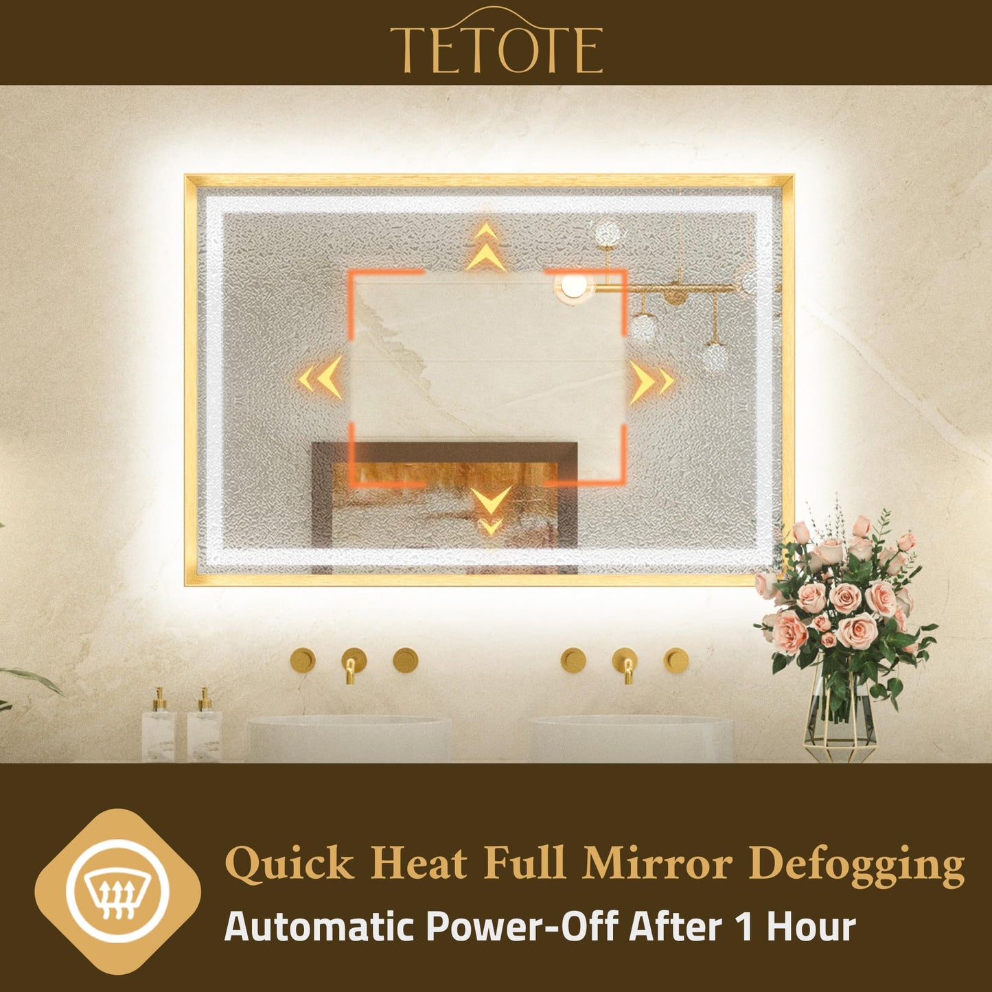 TETOTE 72 x 40 Bathroom LED Mirror Brushed Gold Metal Frame Frontlit & Backlit Vanity Mirror Anti-Fog Stepless Dimmable 3 Colors White/Warm/Natural Wall-Mounted
