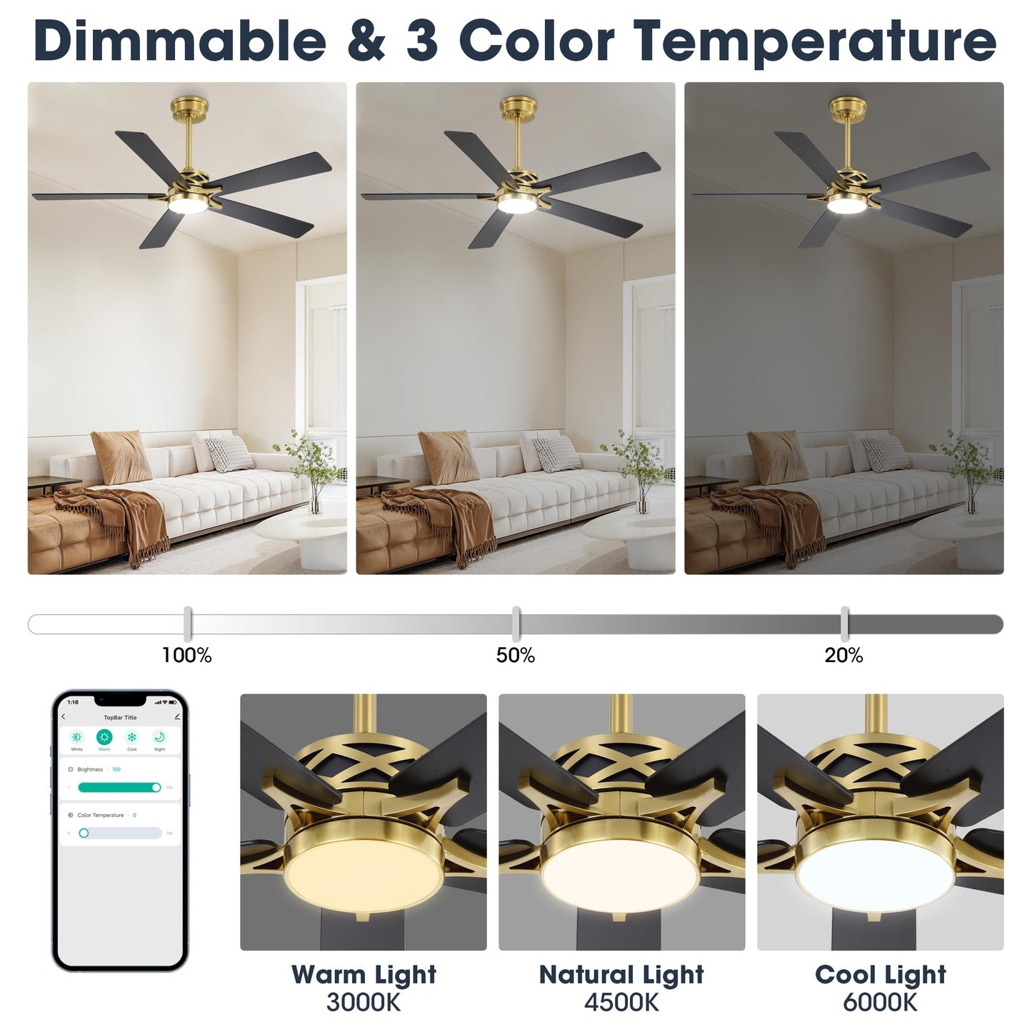 WINGBO 60" Smart Ceiling Fan with Lights and 3 Downrods, 5 Plywood Blades, 6 Speeds Reversible DC Motor, Works with Alexa and Google Assistant, 3CCT Dimmable LED Large Ceiling Fans, Brass and Black