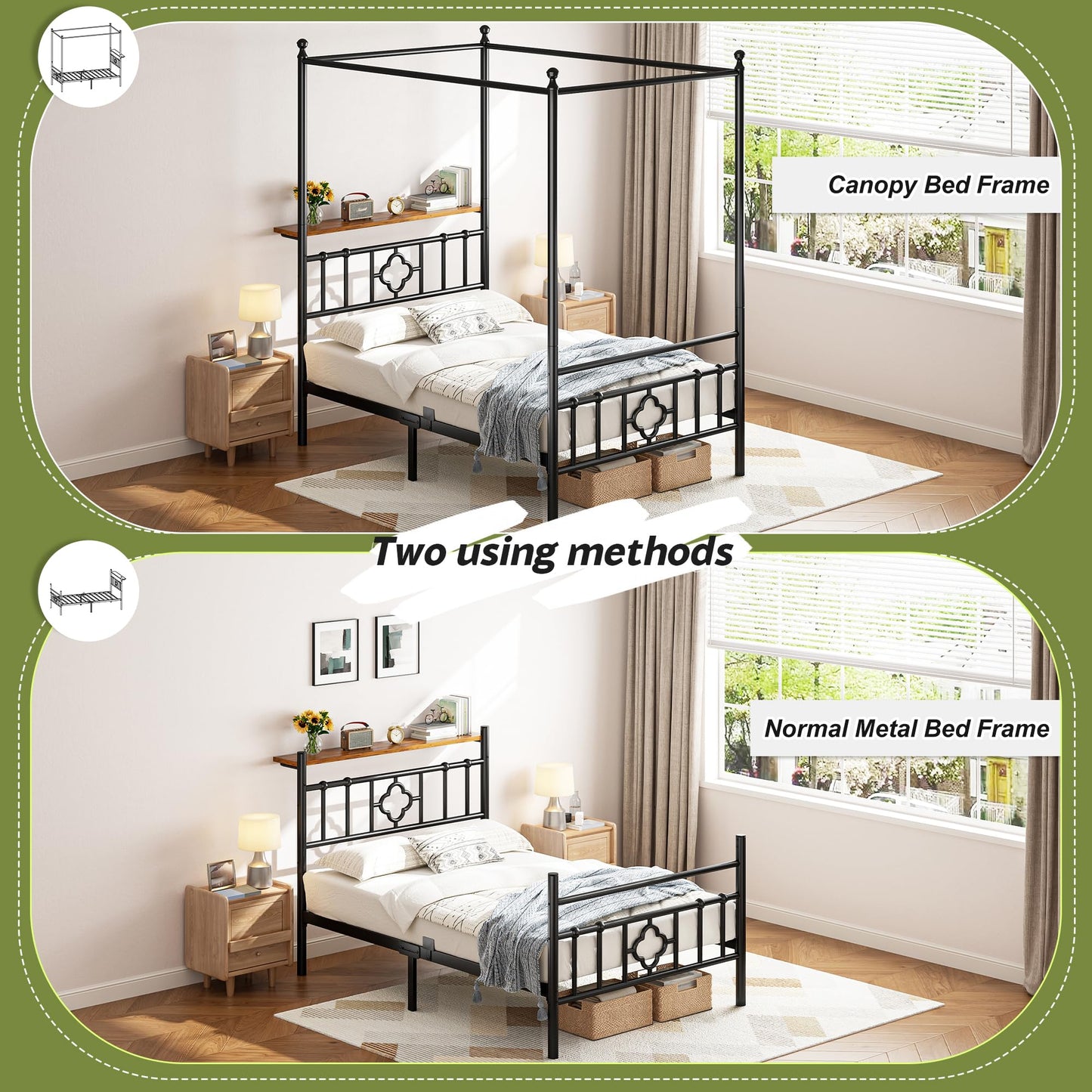Homkdom Canopy Bed Frame with Storage Headboard, Twin Size Bed Frame with 4 Removable Posts, Sturdy Metal Platform with Under-Bed Storage, Dual Purpose Bed Frame, No Box Spring Needed, Black