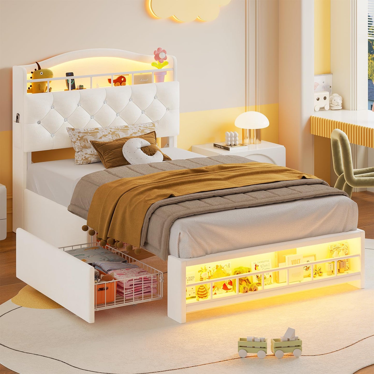 HAUOMS Twin Size Bed Frames for Girls, Princess Velvet Upholstered Platform Bed with Led Lights & 2 Drawers, Headboard with Charging Station & Guardrail & Crystal Button, No Box Spring Needed,Beige