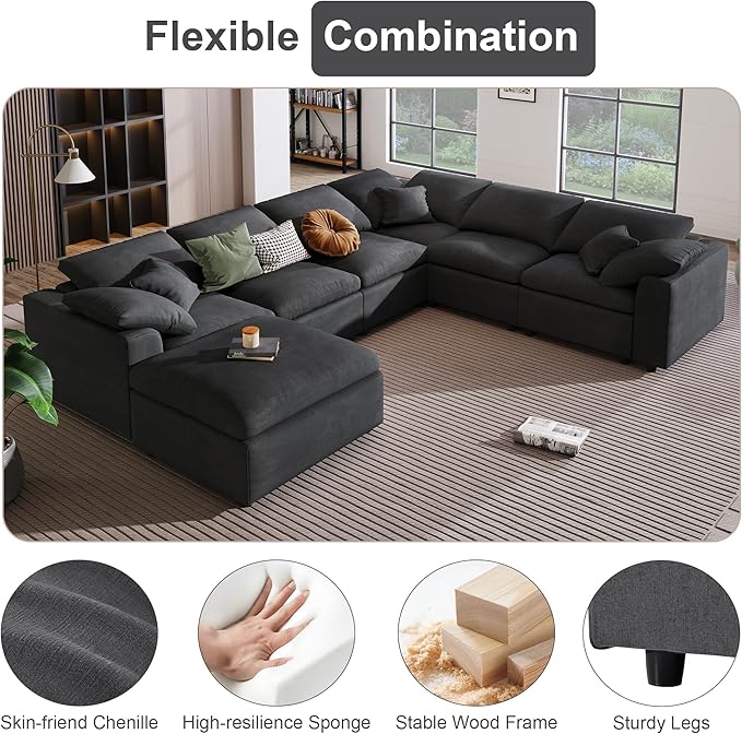 KIVENJAJA 130.3" W Oversized Modular Sectional Cloud Sofa Couch, Large Living Room Furniture Set, 7 Seater Convertible with Ottoman for Large Spaces, Chenille Fabric, Modern Style, Dark Grey