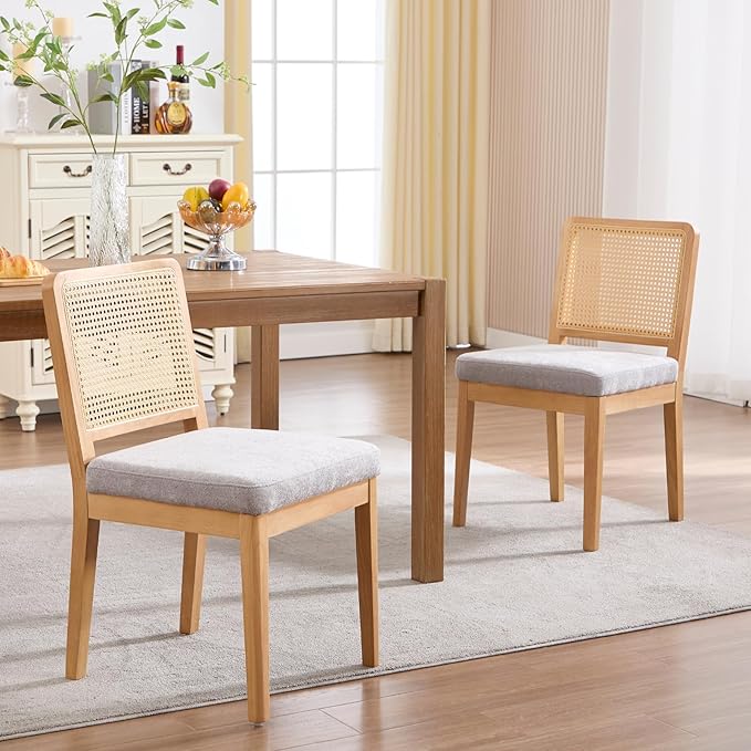 LukeAlon Set of 6 Mid Century Dining Chairs - Farmhouse Kitchen Chairs with Woven Cane Back, Plush Chenille Upholstered Seat, Solid Wood Legs for Dining Room & Breakfast Nook, Grey