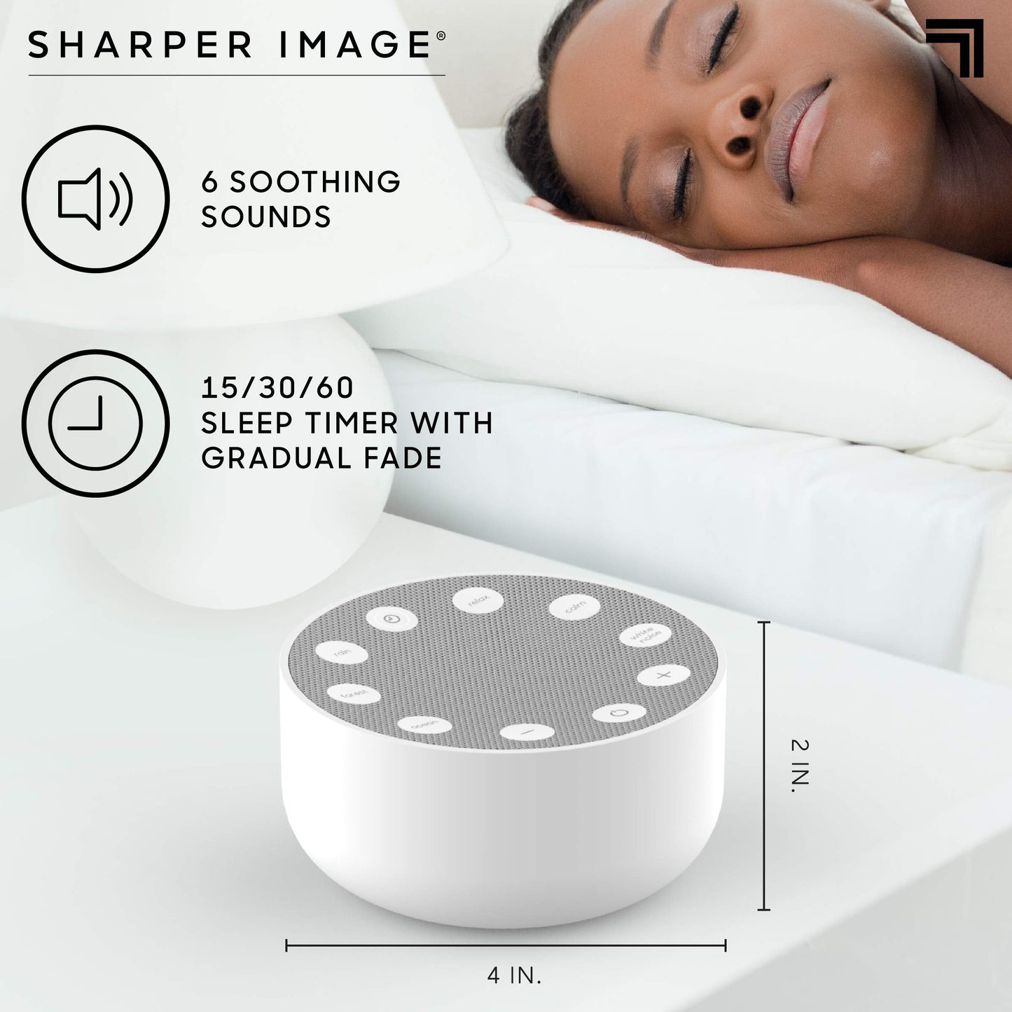 Sharper Image White Noise Sound Machine, Sleep Sounds to Support Restful Sleep, Meditation & Relaxation Naps, 6 Soothing Nature Soundscapes for Baby, Kids & Adults, Portable for Home & Travel