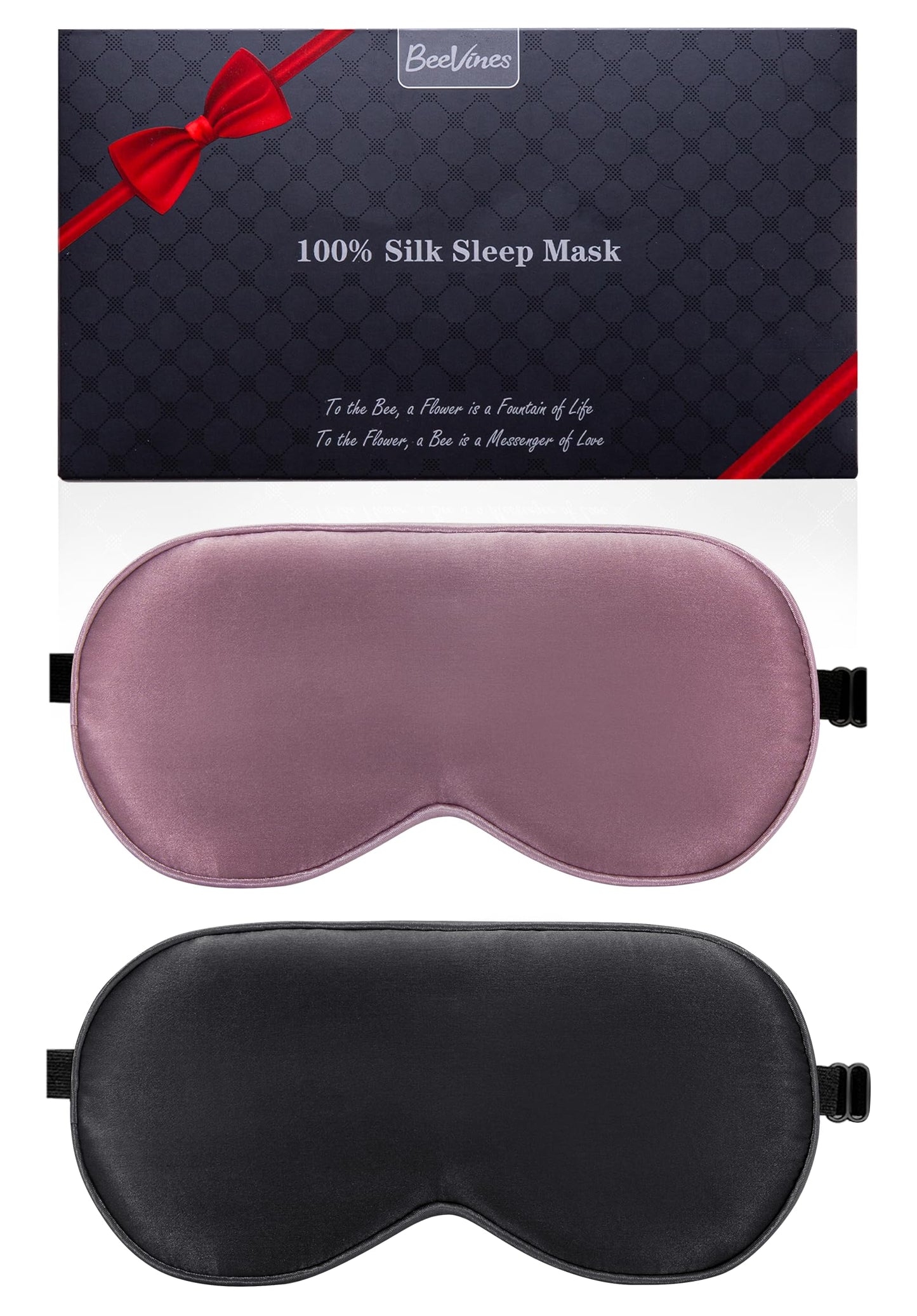 BeeVines 100% Real Mulberry Silk 2 Pack Sleep Mask, Pure Silk Eye Masks with Adjustable Strap for Sleeping, 100% Block Light Eye Shade Cover, Reduces Puffy Eyes Traveling Gifts(Black & Ruby Purple)