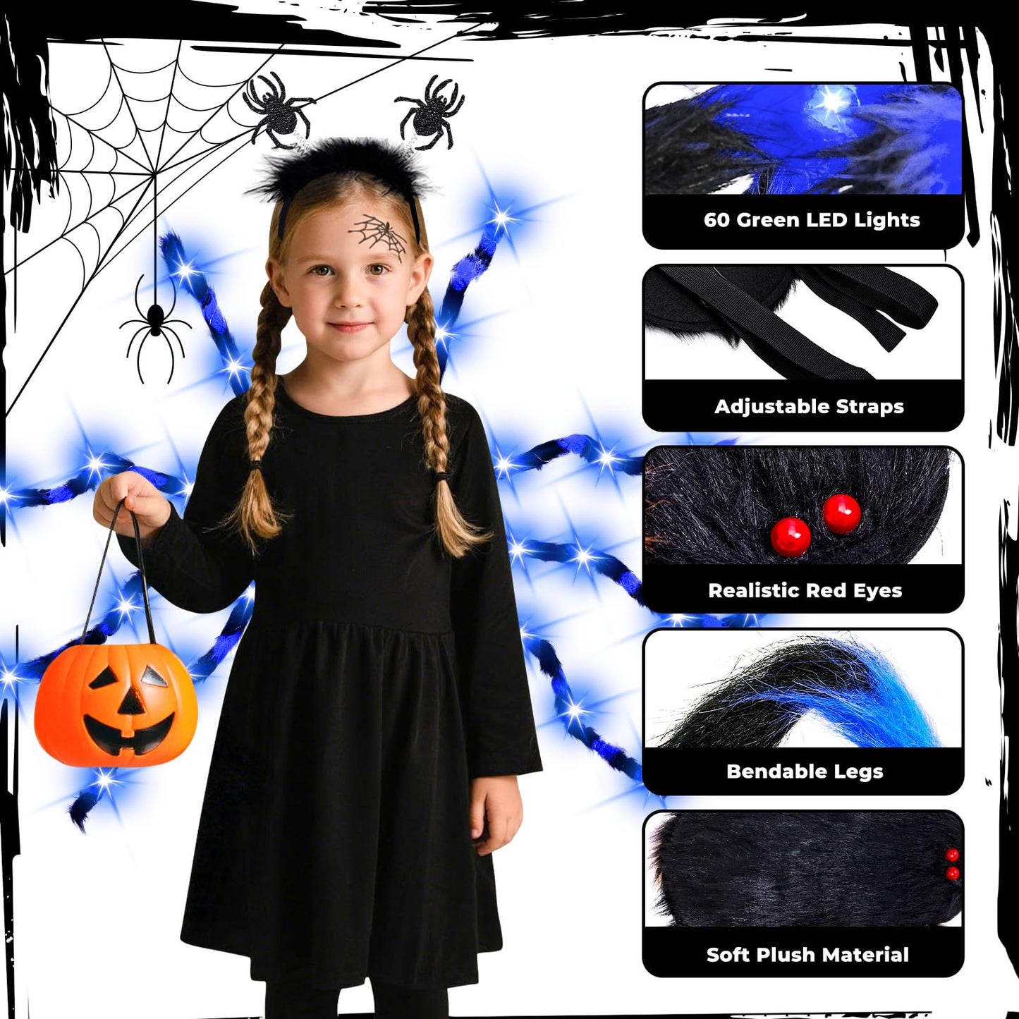 Thuodo Halloween Giant Spider Costume for Kids Adults, Blue 60 LED Light-Up Spider Candy Backpack with Headband Halloween Decorations and Party Props– Battery Required