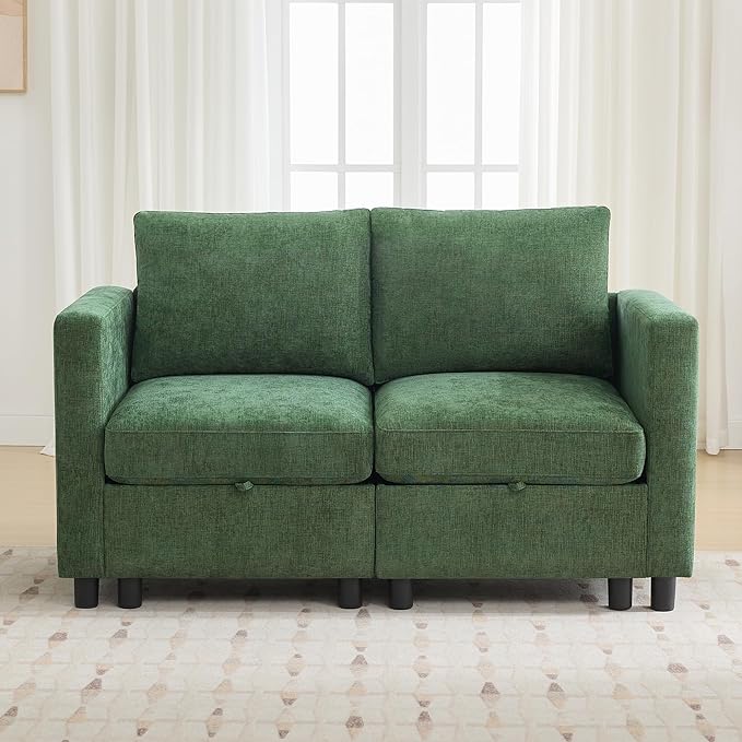 WUTUTUEE 58”Modular Sectional Loveseat Sofa, Modern Love Seat 2 Seater Sofa Couch with Storage, Chenille Modular Sectional Couch for Living Room, Bedroom, Office, Small Apartment, Dark Green