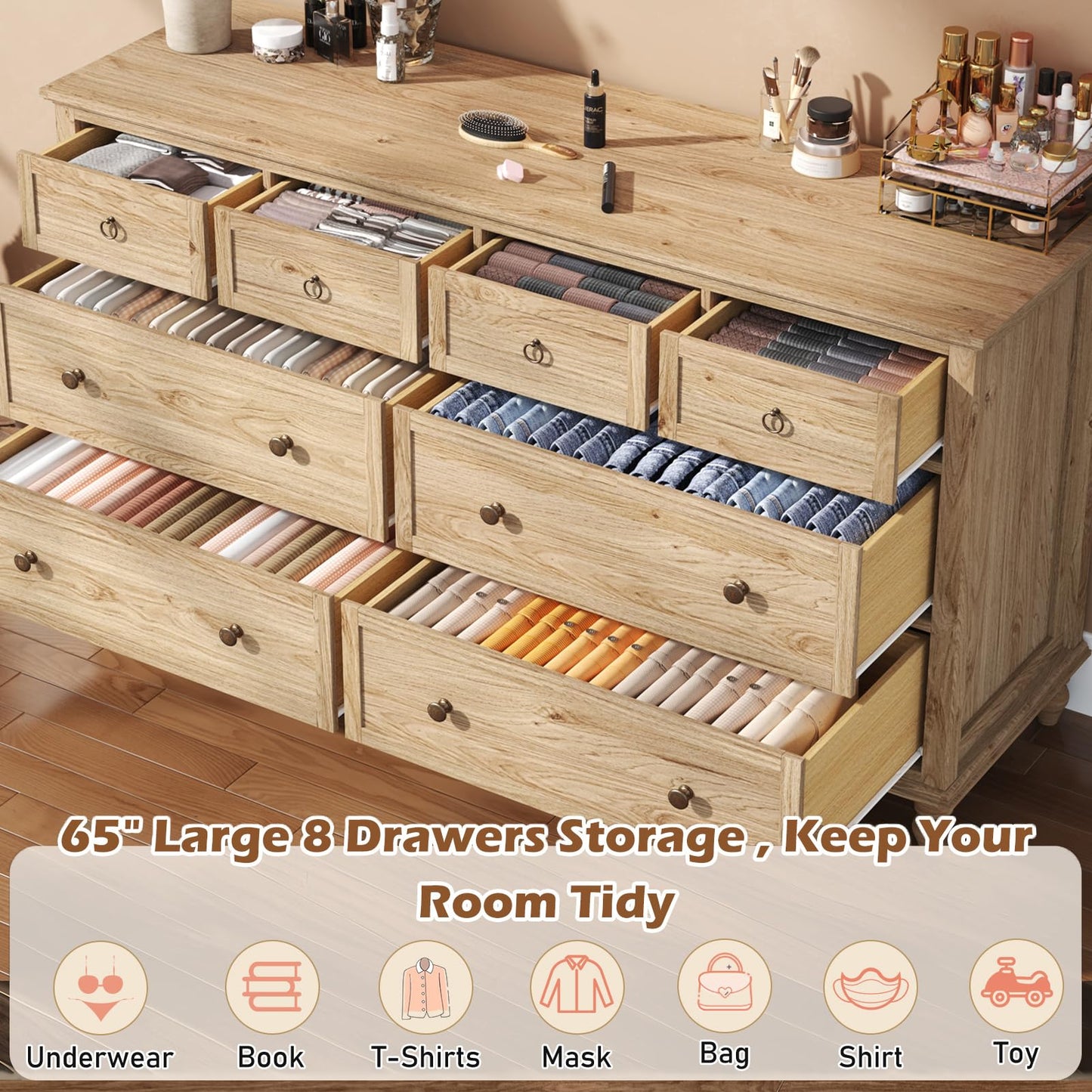 chartustriable 65inch Large Long Drawer Dresser w/Deep Drawers,Rustic Wood 8 Drawer Dresser with Large Capacity for Living Room,Wooden Chest of Drawers for Bedroom,Living Room,Entryway,Oak